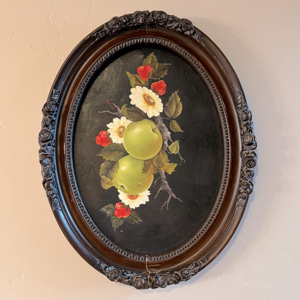Vintage Ornate Oval Framed Original Oil Painting Apple Strawberry Fruit Floral - Picture 16 of 17